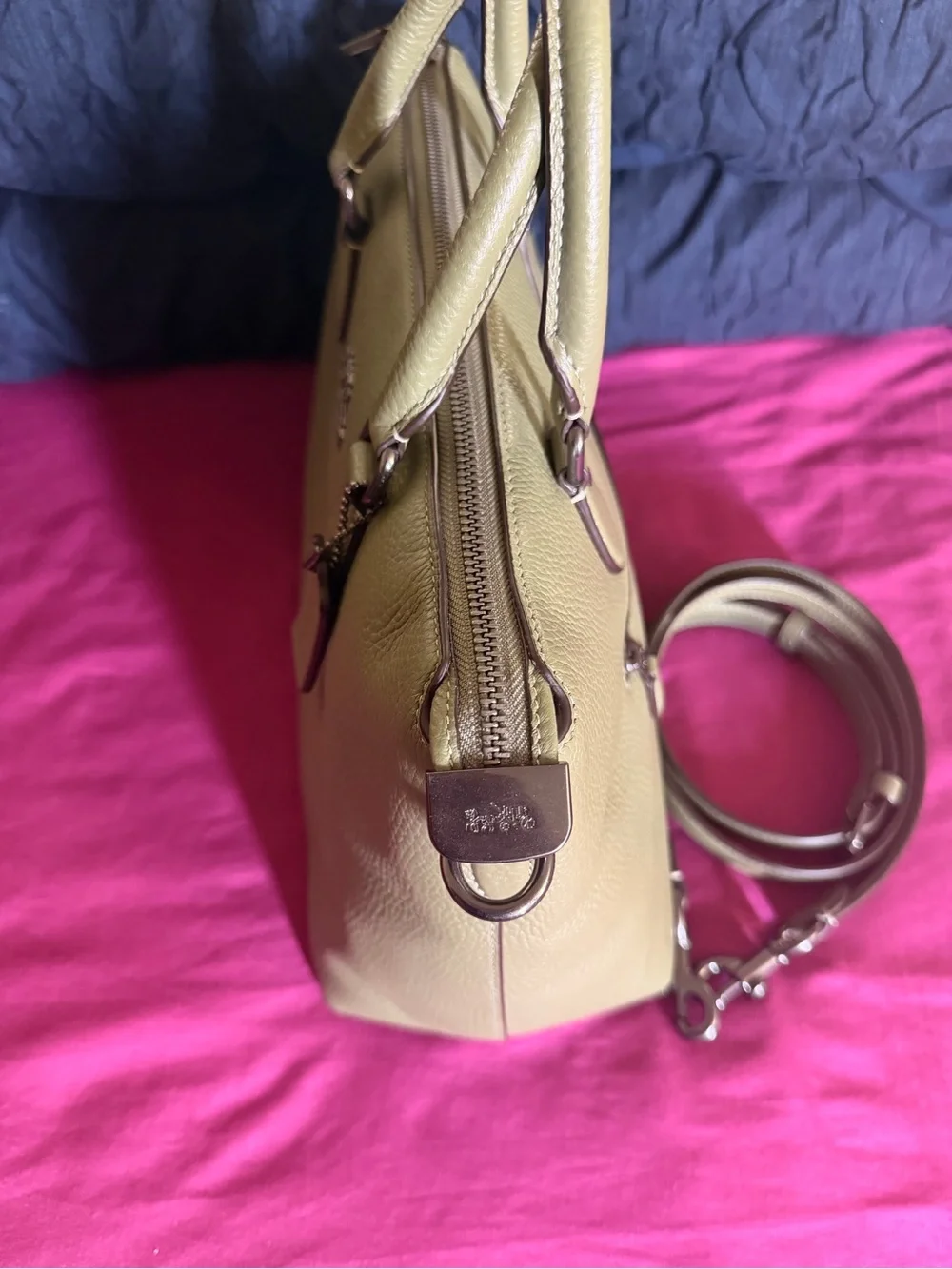 Coach Olive Green Pebbled Leather Satchel with Detachable Strap